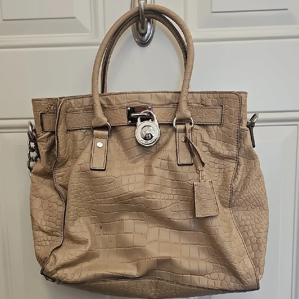 Tan, Faux, Crocodile Embossed, Tote Bag, Shoulder, Kors, Silver, Casual, Travel